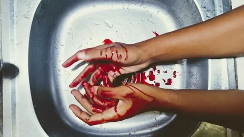 Case of murder by serial killer. Criminal Man bloody hand in the sink. Stock Footage 293936117