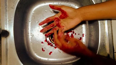 Case of murder by serial killer. Criminal Man bloody hand in the sink. Stock Footage 293936123