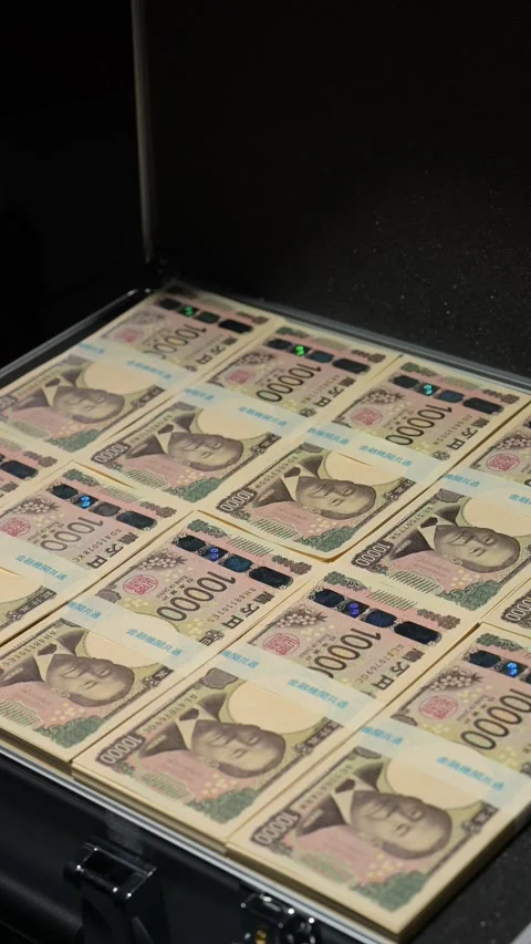 Case opening showing bundles of new yen bills against a black background Stock Footage 336765943