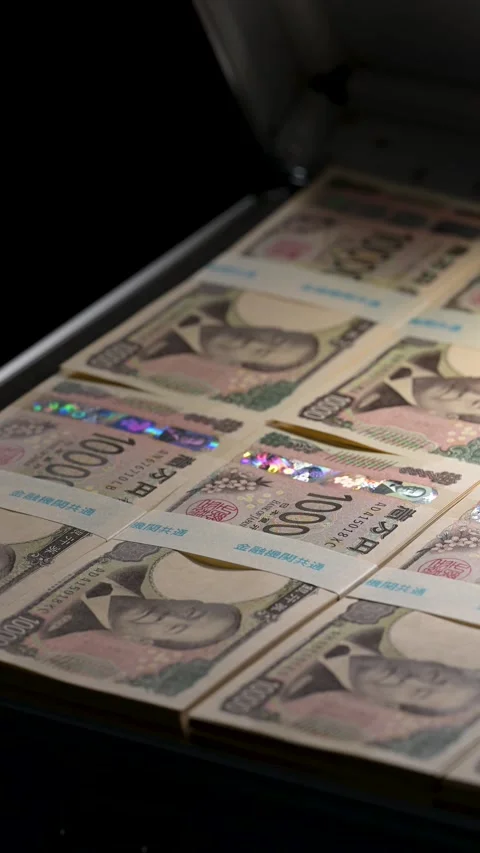 Case opening showing bundles of new yen bills against a black background Stock Footage 336765949