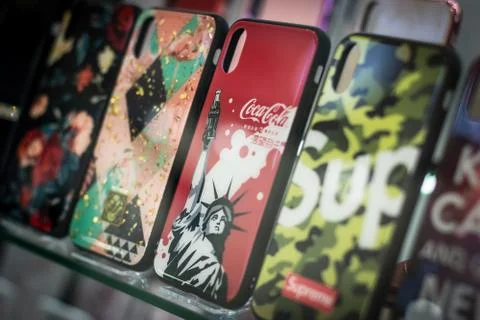Case of phone cover for smartphone on showcases Stock Photos