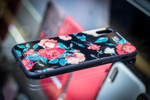 Case of phone cover for smartphone on showcases Stock Photos
