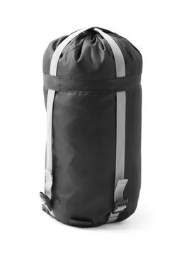 Case with sleeping bag on white background. Camping equipment Stock Photos