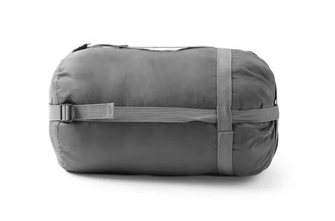 Case with sleeping bag on white background. Camping equipment Stock Photos