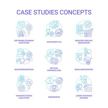 Case studies blue gradient concept icons set Stock Illustration