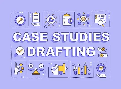 Case studies drafting word concepts purple banner Stock Illustration