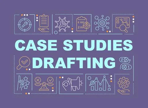 Case studies drafting word concepts dark purple banner Stock Illustration