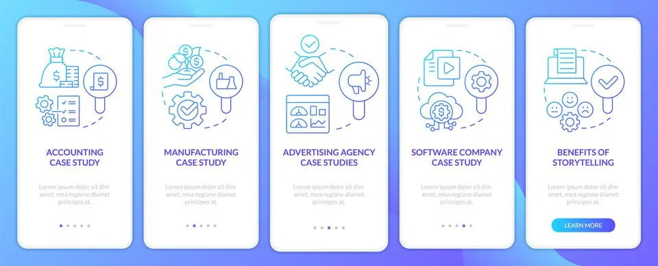 Case studies usage blue gradient onboarding mobile app screen Stock Illustration