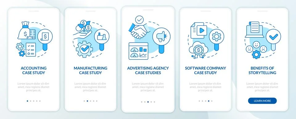 Case studies usage blue onboarding mobile app screen Stock Illustration