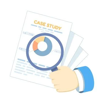 Case study analysis icon with hand and magnifying glass over document Stock Illustration