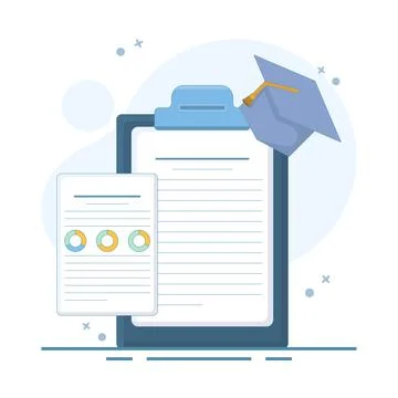 Case Study Concept. Clipboard with Graduation Cap and Magnifying Glass. Stock Illustration