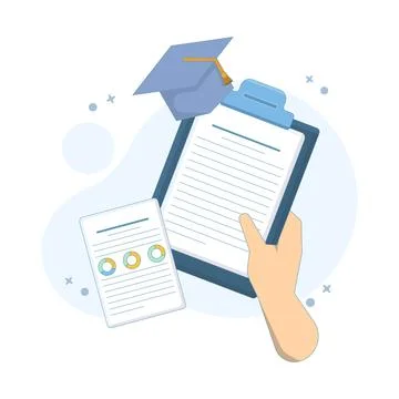 Case Study Concept. Clipboard with Graduation Cap and Magnifying Glass. Stock Illustration