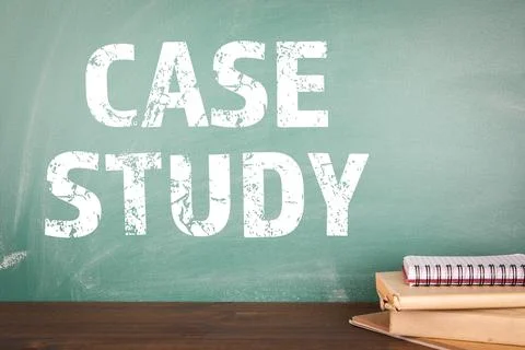 Case Study concept. Green chalk board and wooden table with books Stock-Fotos