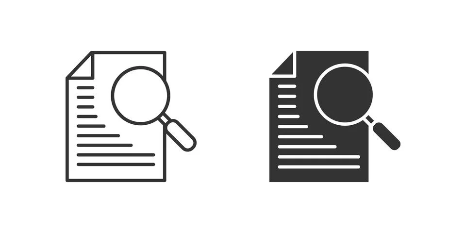 Case Study Icon Set. A black icon of a document with a magnifying glass, re.. Stock Illustration