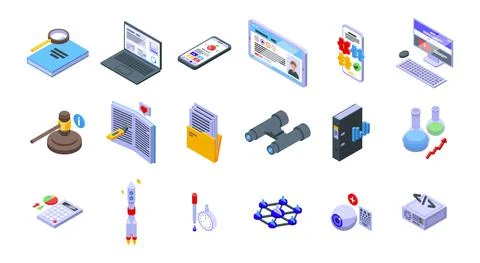 Case study icons set isometric vector. Proposal platform Stock Illustration