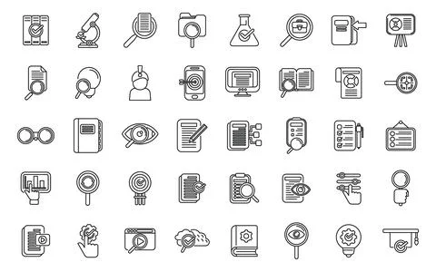 Case study icons set outline vector. Study platform Illustrazione stock