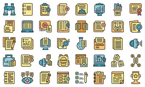 Case study icons set vector flat Stock Illustration