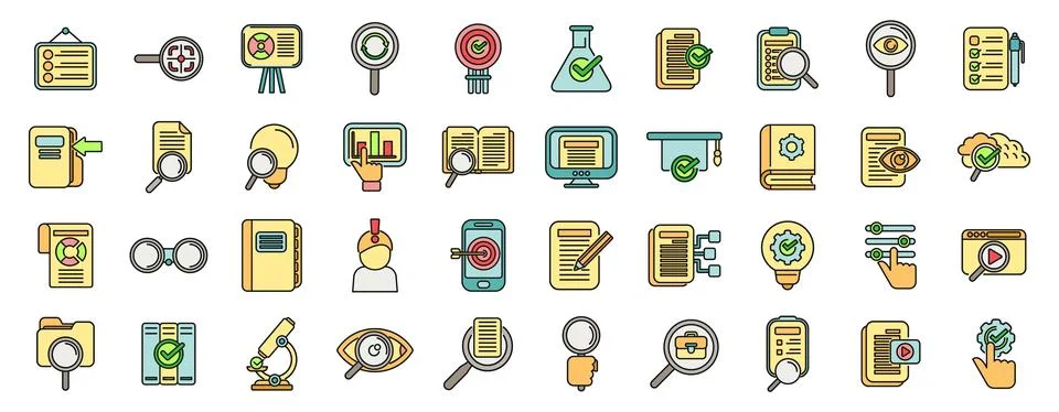 Case study icons set vector color line Stock Illustration