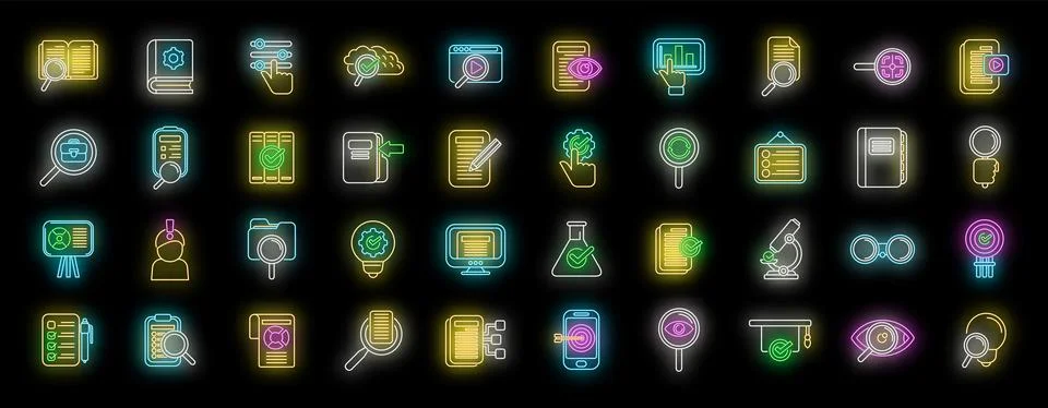 Case study icons set vector neon Stock Illustration