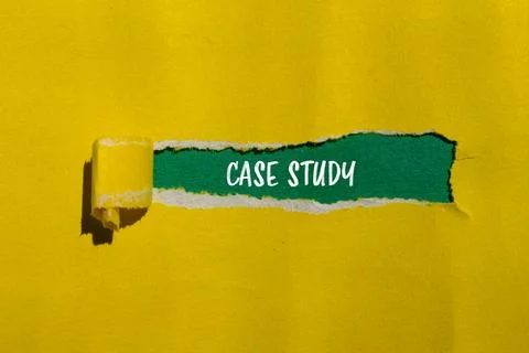Case study message written on ripped yellow paper with green background. Conc Stock Photos