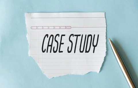 Case Study text message and pen glass with space copy on blue background Stock Photos