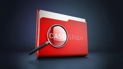 Case study text under magnifying glass standing on red folder. 3D illustratio Stock Illustration
