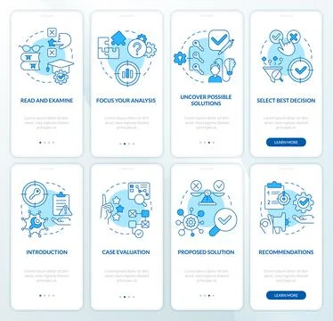 Case studying process blue onboarding mobile app screen set Stock Illustration
