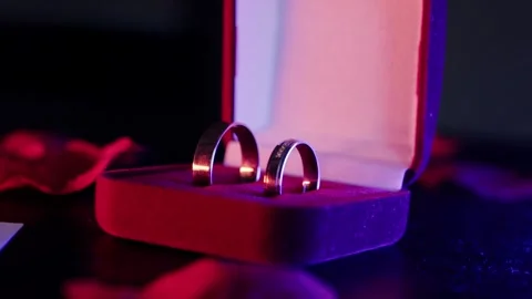 Case with wedding rings in multi-colored colors of light, close-up Stock Footage 304110913