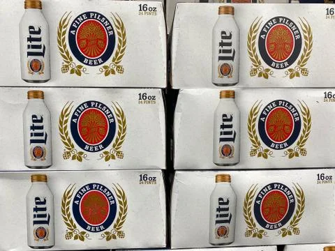 Cases of cans of Miller Lite Beer at a grocery store Stock Photos