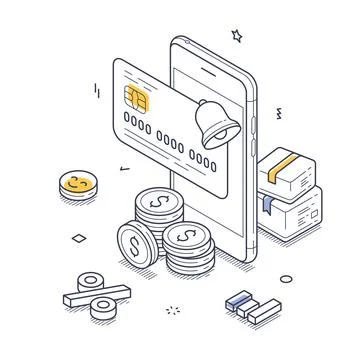 Cash back concept in isometric line art with mobile device, coins, and cred.. Stock Illustration