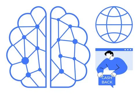 Cash Back Concept with Neural Network Brain and Global Network Symbol Illustrazione stock