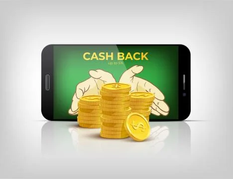Cash back conceptual illustration. Vector smart phone with opened hands and Stock Illustration