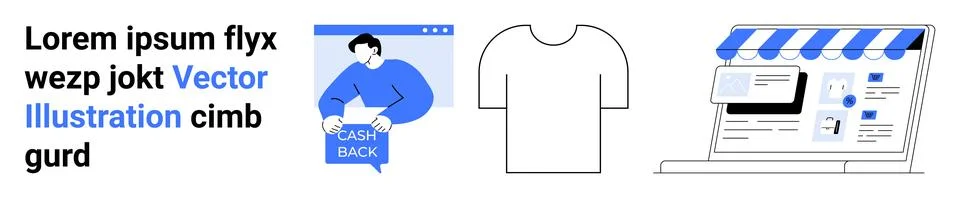 Cash Back Offer with Computer Screen and T-Shirt Shopping Vector Elements Illustrazione stock