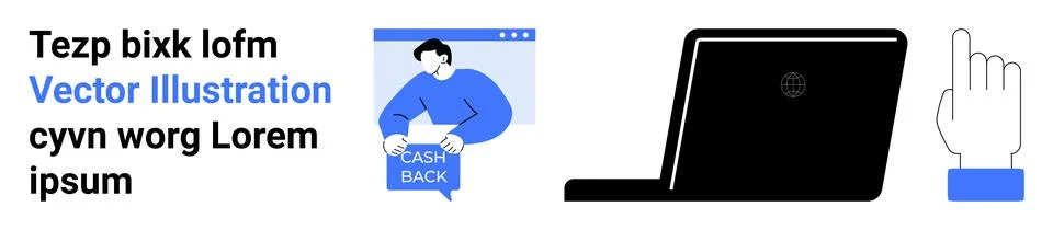 Cash Back Program Interface, Laptop Device, and Click Hand Gesture Graphics Illustrazione stock