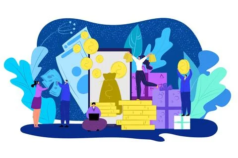 Cash back reward concept vector illustration. People with gold dollar coins in Illustrazione stock