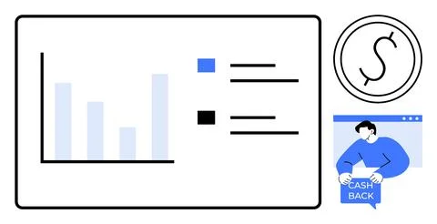 Cash Back Rewards Program with Bar Chart Analysis and Coin Sign Representatio Stock Illustration