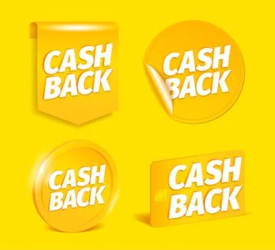 Cash back set. On a yellow background. Coin, credit card. Shining gold sticker Stock Illustration