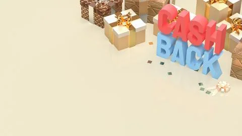 Cash Back Text with Luxury Gift Boxes on Beige Background 3d render. Illustrazione stock