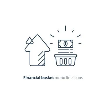 Cash bundle in basket and arrow, financial investment, income growth, line ic Illustrazione stock