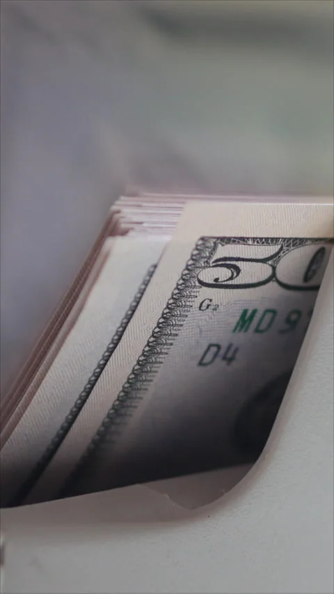 Cash Counting Device Calculating 50 Dollar Bills. Vertical. Stock Footage 274909928