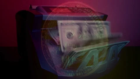 Cash Counting Machine with Bitcoin Overlay Stock Footage 336757373