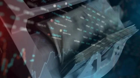 Cash Counting Machine Overlaid with Digital Stock Market Data Stock Footage 336757595