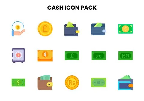 Cash Flat Set Icons Pack Stock Illustration