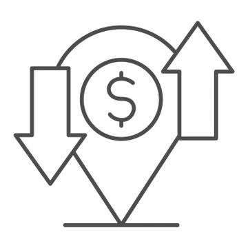 Cash flow with location map pin thin line icon. Dollar funds exchange symbol Stockillustratie