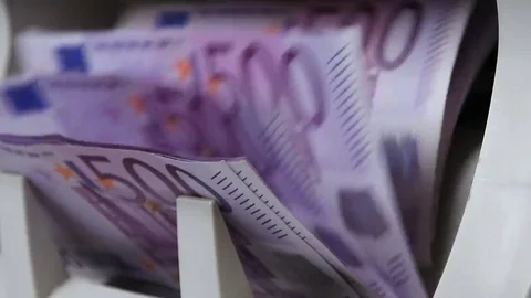 Cash money counting machine. Banknote counter are counting five hundred euro Stock Footage