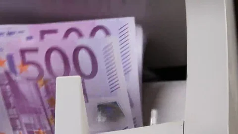 Cash money counting machine. Banknote counter are counting five hundred euro Stock Footage