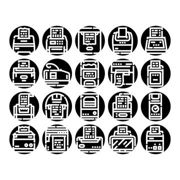 Cash register and receipt printer glyph icons set Stock Illustration