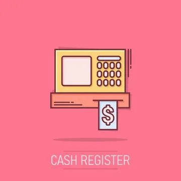 Cash register icon in comic style. Check machine cartoon vector illustratio.. Stock Illustration