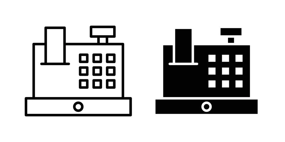 Cash register icon solid, line, and editable vector set. Stock Illustration