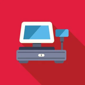 Cash register machine processing payment on red background Stock Illustration